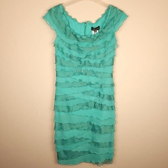 Tadashi Shoji NEW Seafoam Ruffle Cocktail Dress Short Sleeve Green Size 8 - Picture 1 of 12